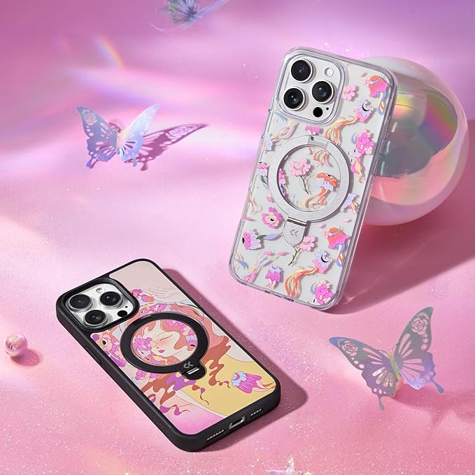 CASEKOO Floral Series [ArtCollab x Leah Han] Floral Jellyfish for iPhone 16 Pro Case with Magnetic Ring Stand [Compatible with MagSafe] [Military-Grade Protection] Clear Back, Soft Edge, for Women