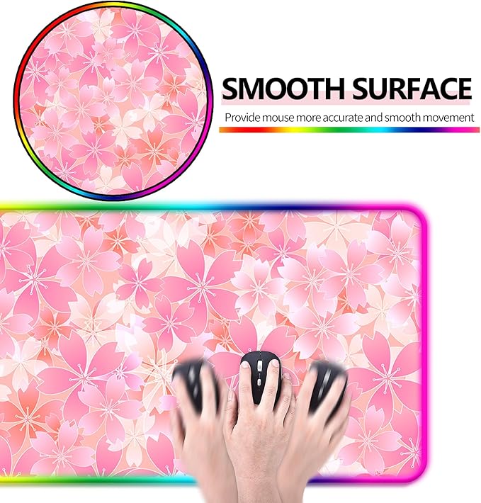 RGB Japanese Cherry Blossom Gaming Desk Mat, Computer Keyboard Large Extended Flowers LED Mouse Pad for Office and Home, 31.5×11.8 Inches, XL, Pink