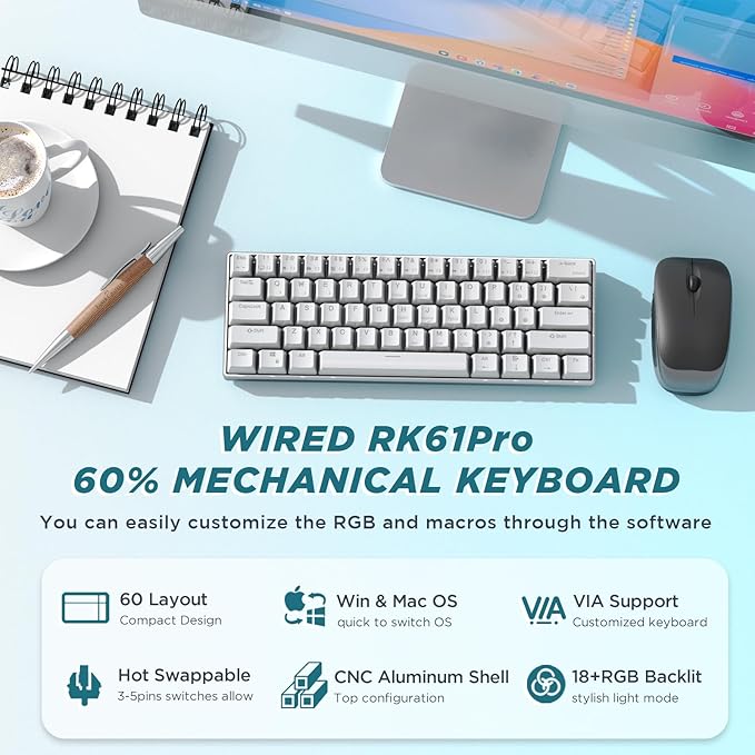 RK ROYAL KLUDGE RK61 Pro 60% Wired Gaming Keyboard, Hot Swappable Mechanical Keyboard with Aluminum Shell, Programmable RGB Backlit PC Game Keyboards 61 Keys, PBT Keycaps, Gateron Blue Switch, White