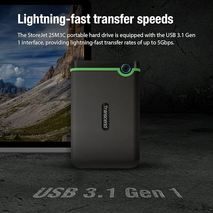 Transcend StoreJet 2TB Rugged External Hard Drive, for PS4/PC/Mac/Desktop, Laptop/Xbox One/Xbox 360, USB3.1Gen1(5Gbps) Type-C Portable HDD/One Touch Auto-Backup Button/Anti-Shock Resistant-TS2TSJ25M3C
