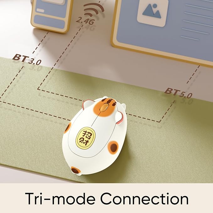 Akko Cat Theme Wireless Gaming Mouse Fortune Cat, Tri-Mode Mouse BT3.0/BT5.0/2.4G, Cute Optical Cordless Cartoon Mice for Computer/Laptop/Desktop/PC, Compatible with Mac/Win
