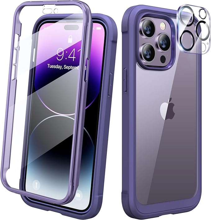 Diaclara Designed for iPhone 14 Pro Case 6.1’’, Full Body Rugged Protective Case+ Camera Lens Protector w/Built-in Touch Sensitive Anti-Scratch Screen Protector, Bumper (Royal Purple)