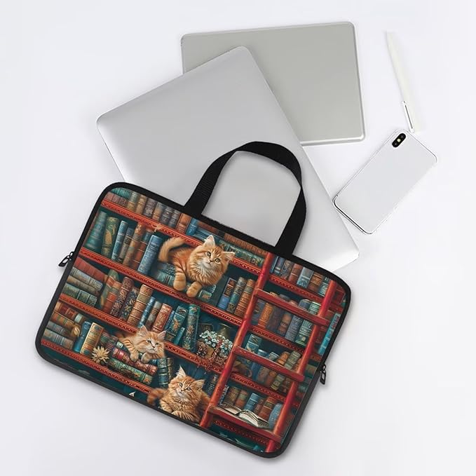Vintage Bookshelf Laptop Sleeve Case Computer Cover Compatible with 10-17 Inch Tablet Cute Cat Protective Carrying Bag Briefcase Carrying Case, 17 Inch, Book Lover
