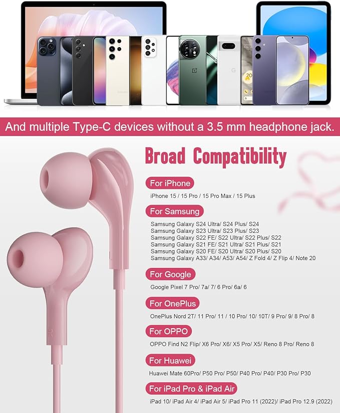 USB C Headphones for iPhone17 16 Pro Max 15 Plus iPad Pro Samsung Galaxy S24 S23 Ultra S26 S25 S22 S21 Wired Earbuds Magnetic in-Ear Type C Earphone with Microphone Volume Control HiFi Stereo Pink