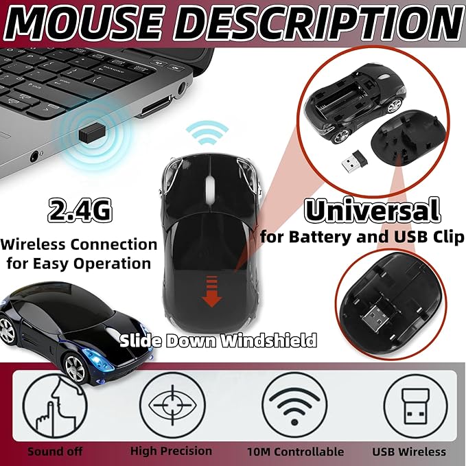 Black Wireless Mouse，Mini Car Computer Mouse，1600DPI 2.4G with USB Receiver, Ergonomic Cute Computer Mice for Laptop, PC, Windows, Mac OS (Black)