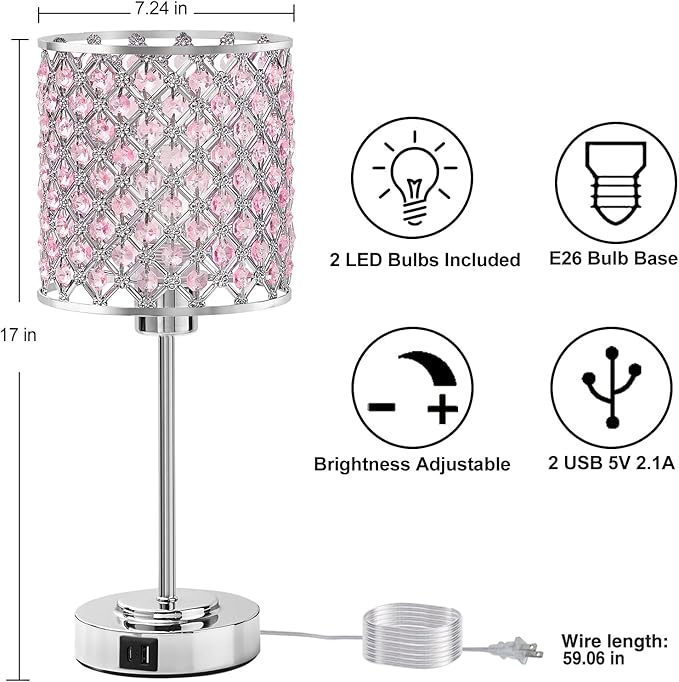 GyroVu Crystal Table Lamp, Bedside Crystal Lamp, Dimmable Touch Nightstand Lamp with USB-C+A Charging Ports Pink Night Lights Decorative Accent Lamp for Bedroom, Living Room, Office, Girls Room