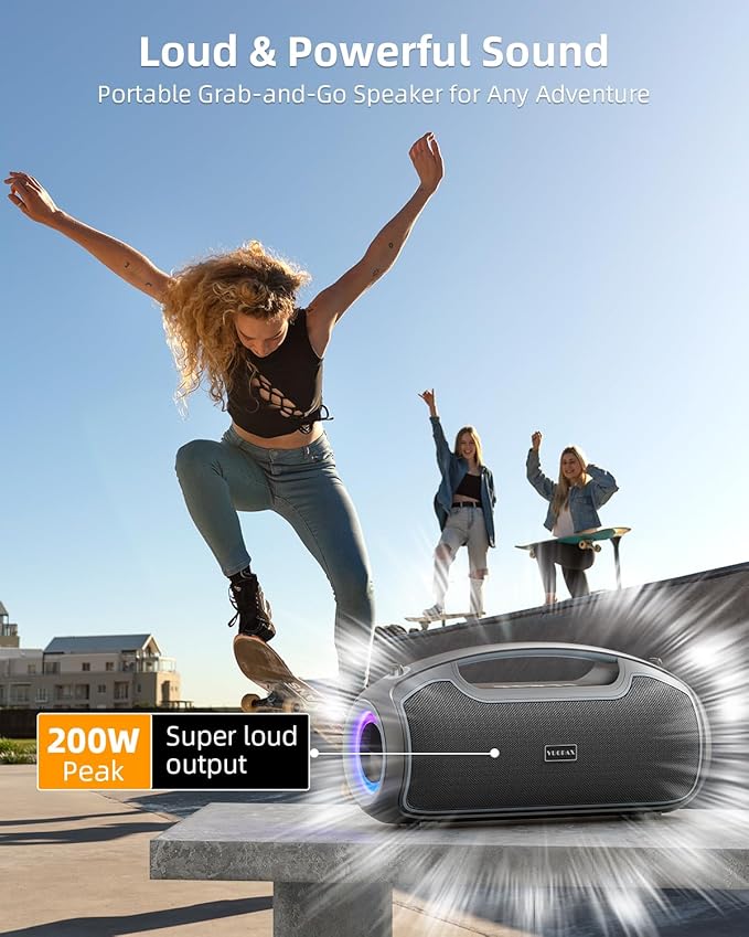 Portable Bluetooth Speakers Wireless, 200W MAX Loud Outdoor Speaker with Deep Bass, IP65 Waterproof, BT5.4, USB-C, RGB Lights, for Party, Camping, Beach, Large Workshop, Garage, 24H Playtime
