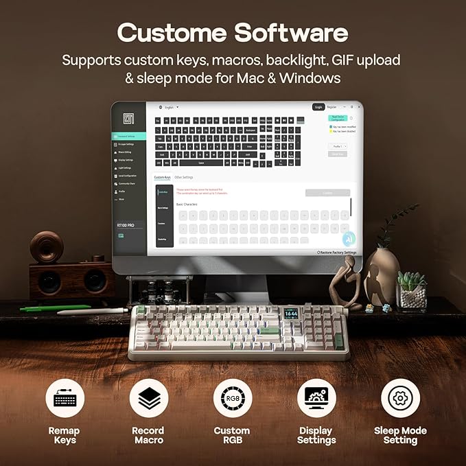 EPOMAKER RT100 PRO Wireless Gaming Keyboard with 1.54" Screen&Knob, RGB, 2.4Ghz/BT/USB-C, Hot Swap, 5000mAh, PBT Keycap, Custom Driver, Retro Mechanical Keyboard for Win/Mac (White, Sea Salt Silent)