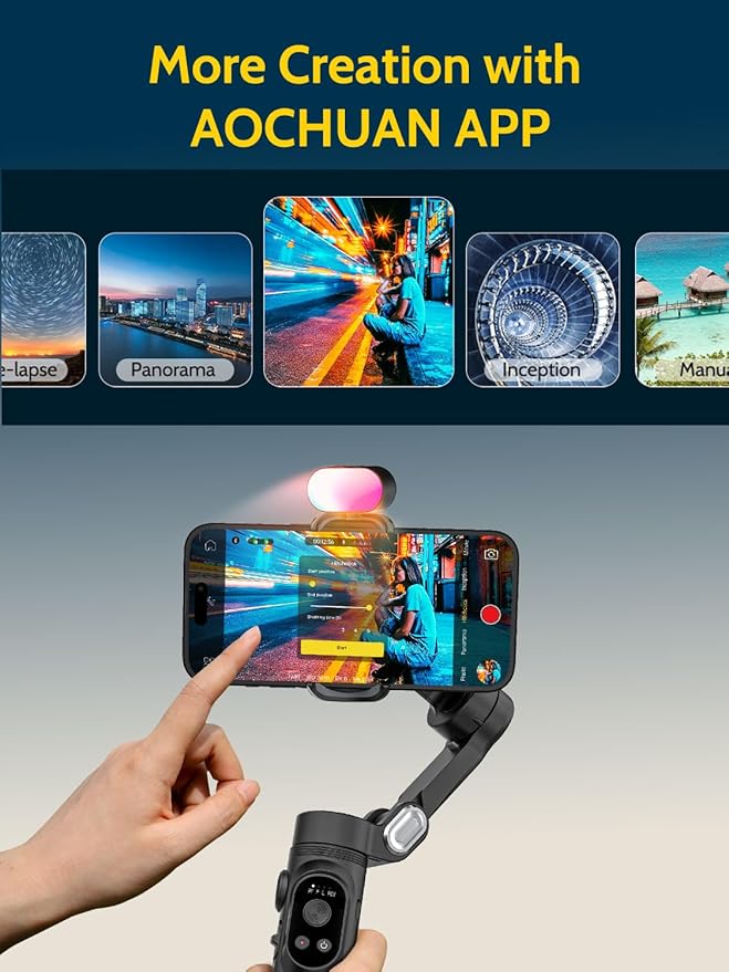 AOCHUAN Handheld 3-axis Gimbal Stabilizer for iPhone&Android Smartphone Gimbal Anti-Shake w/ 1/4 Thread,RGB Magnetic Light,AI Tracking Phone Holder for Vlogging for TikTok,YouTube-Smart X Kit Black