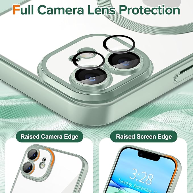 Hython Magnetic Clear for iPhone 11 Case with Camera Lens Protector [Compatible with MagSafe] Luxury Plating Edge Slim Soft TPU Cover Protective Phone Case for iPhone 11 6.1", Matte Mint
