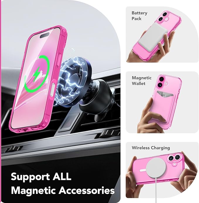 CAPRARO Magnetic Compatible with iPhone 16 Case, Upgraded [Full Camera Protection] [Compatible with MagSafe] Protective Translucent Matte Women Girl Phone Case Cover, Clear Neon