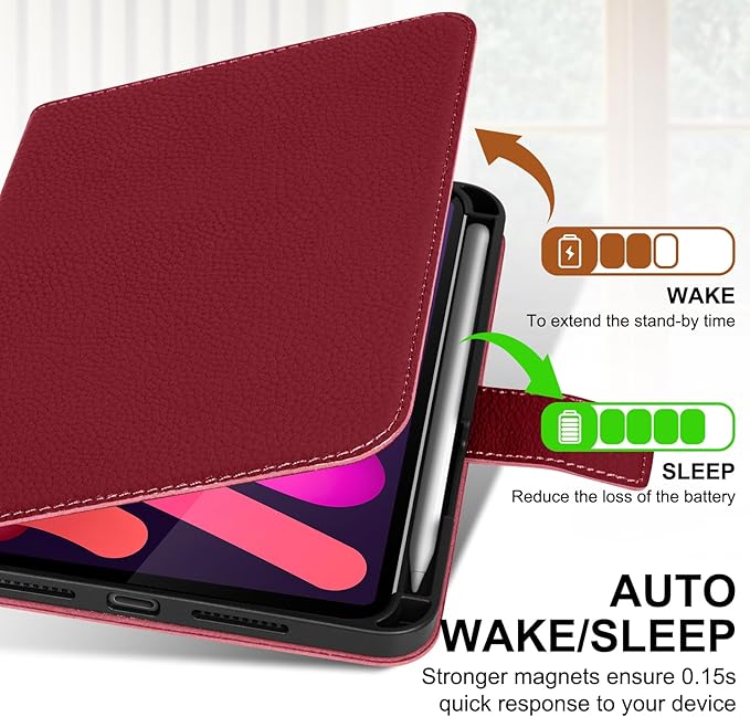 Genuine Leather Case for iPad mini 7th/6th Gen 8.3 Inch 2024/2021 | with Pencil Holder and Adjustable Stand, Magnetic Closure, Auto Wake/Sleep Cover | Wine Red