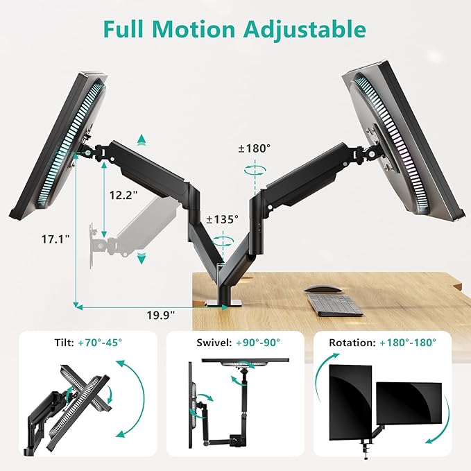 WALI Dual Monitor Mount for 13-27 inch Screens, Dual Monitor Arms for 2 Monitors Holds 19.8 lbs, Adjustable Dual Monitor Stand for Desk, VESA Mount 75x75/100x100mm (GSMP002), Black