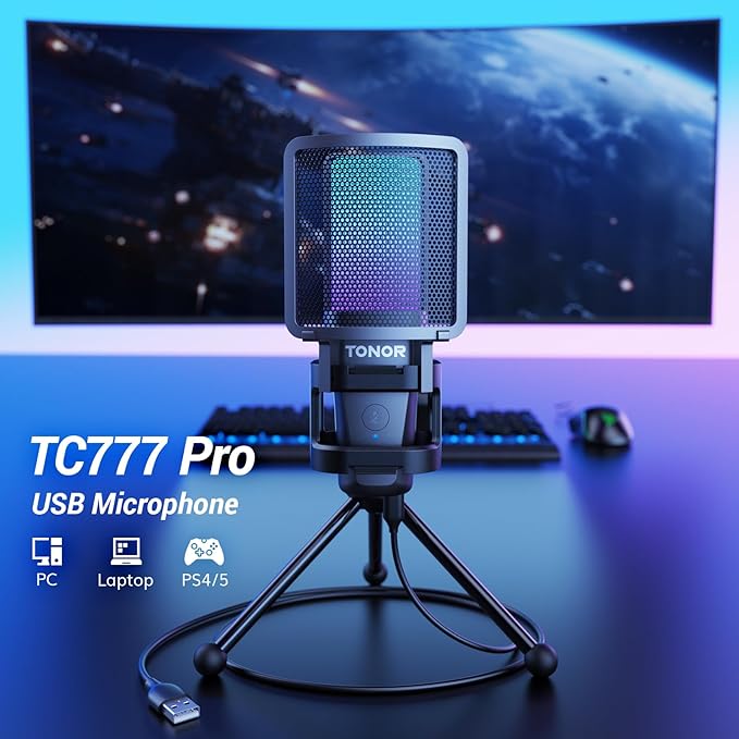TONOR Podcast Microphone, USB Computer Mic, Cardioid Condenser PC Micro with Tripod Stand and Pop Filter for Podcasting, Streaming, Vocal Recording, PC & Laptop, 180 cm/70inch Cable, TC777 Pro