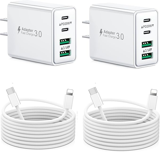 2-Pack iPhone 14 13 Charger Fast Charging, 40W 4-Port USB C Chargers Block with 6FT USB C to Lightning Cable for iPhone 14 13 12 11 Pro Max XS XR X 8, Multi Wall Plug Power Adapter Charging Box