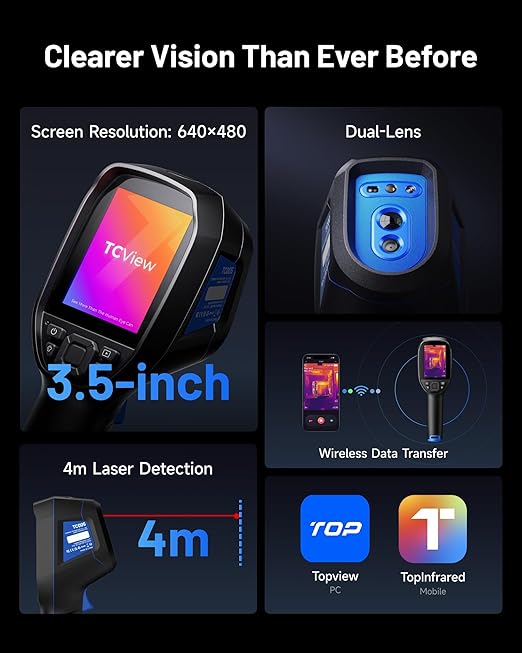 TOPDON TC005 3.5" Dual-Lens Thermal Imaging Camera, 512 x 384 TISR Resolution, with 2MP Visual Light Camera, 8-Hour Battery Life Handheld Infrared Imager, -4°F~1022°F