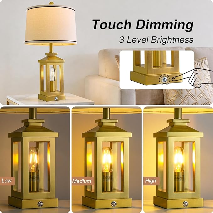 G-SAFAVA 24" Table Lamps for Living Room Bedroom Modern Gold Bedside Lamps Set of 2 Nightstand Lamps for Night Stands 3 Way Dimmable Touch Lamp with USB C+A Ports and 2 Light Sources, 4 Bulbs Includes