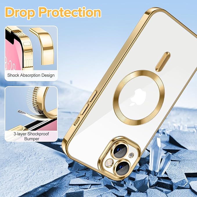 Hython Magnetic Clear for iPhone 13 Case with Camera Lens Protector [Compatible with MagSafe] Luxury Plating Edge Slim Soft TPU Cover Protective Phone Case for iPhone 13 6.1", Gold