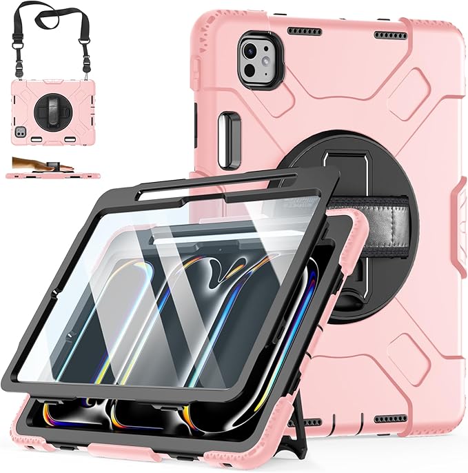 Case for iPad Pro 11 M5 2025/ M4 2024: Protective Cover for iPad Pro 11 Inch 5th Generation with Screen Protector- Stand- Handle- Shoulder Strap- Pencil Holder-Black+Rose Gold