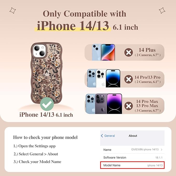 GVIEWIN Cute for iPhone 14 Case & iPhone 13 Case [Compatible with MagSafe] [Curly Wave Edge] Floral Translucent Magnetic Shockproof Protective Phone Cover for iPhone 14/13 6.1'', Bunchflower/Brown