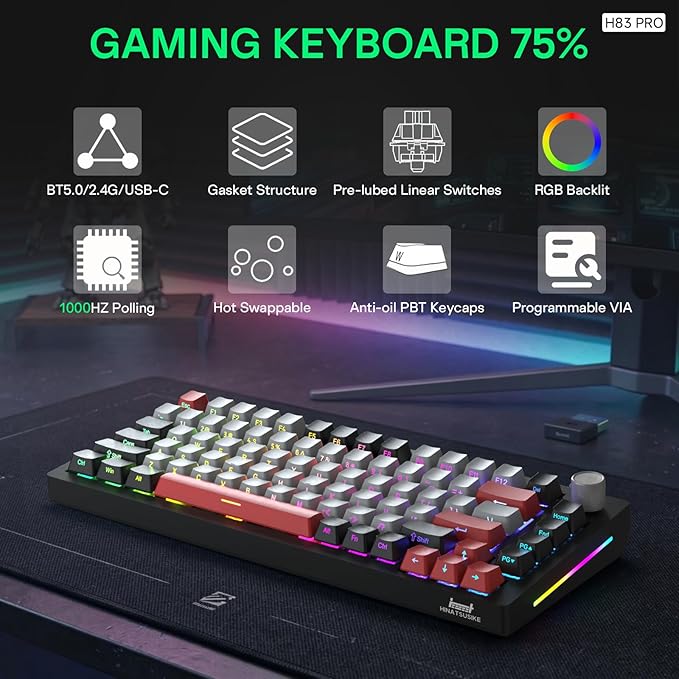 H83 PRO Wireless Mechanical Gaming Keyboard 75% Layout, Gaming Equipment Gasket Mounted - Hot Swappable Cardamom Switches, PBT Keycaps, RGB Backlit, USB-C/2.4G/BT5.0 for Win/Mac/Linux