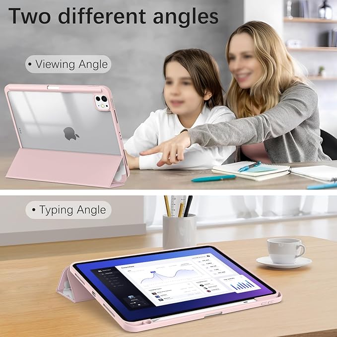 Case for iPad Pro 11-Inch M5/M4 2025/2024 (6th/5th Generation), Case with Pencil Holder, Clear Back Cover Cute Cool Design for Women Girls, Auto Sleep/Wake, Bow Tulip