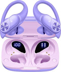 PocBuds Bluetooth Headphones Wireless Earbuds 80hrs Playtime Wireless Charging Case Digital Display Sports Ear buds with Earhook Deep Bass IPX7 Waterproof Over-Ear Earphones for TV Phone Laptop Purple