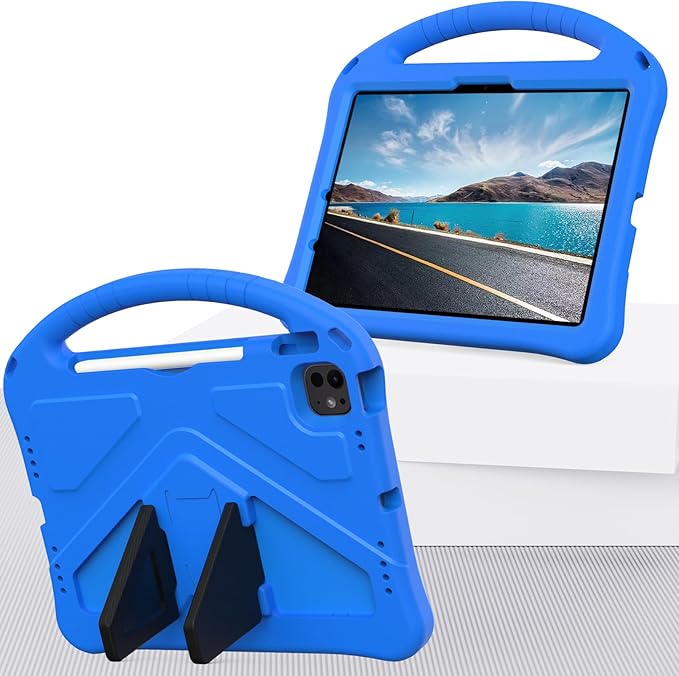 Kids Case for iPad Pro 11-inch (M5) 2025/(M4) 2024, Air 11" 2026 M4/M3/M2 Case with Pencil Holder, Techcircle Lightweight Shockproof EVA Foam Handle Stand Anti-Slip Grip Rugged Cover, Blue