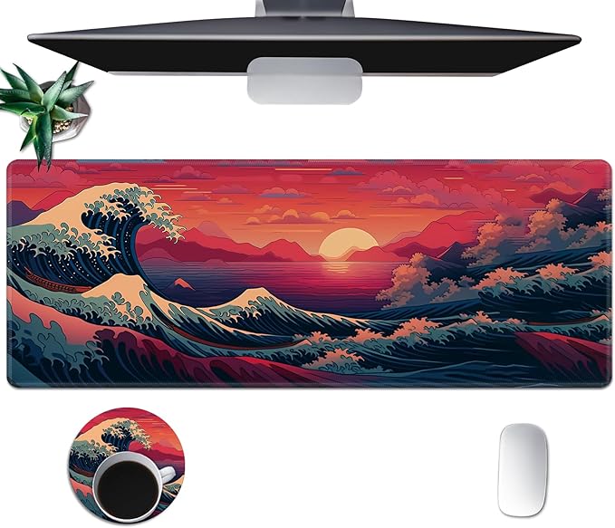 Large Mouse Pad, Desk Mat, XL Gaming Keyboard Mat, Non-Slip Rubber Base, Full Extended Mousepad for Gaming Office Home, 31.5 X 11.8 Inch, Sunset Wave