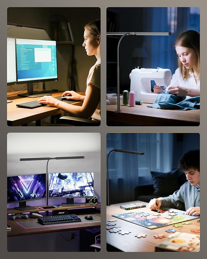 Eye-Caring Desk Lamp with Clamp, LED Desk Light Bar for Dual Monitors, Adjustable Gooseneck Table Lamp with 3 Color Modes, Smooth Dimming Office Desk Lamp for Home Office, Study, Computer Work