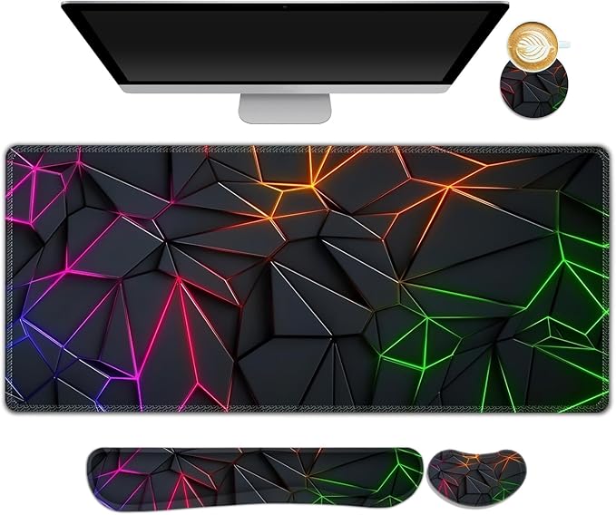 DINKY Gaming Mouse Pad Wrist Support Set, Large Desk Mat Protector, XXL Mousepad +Keyboard Wrist Rest+Ergonomic Mouse Wrist Pad +Coaster Desk Pad, Glowing Diamond Grid
