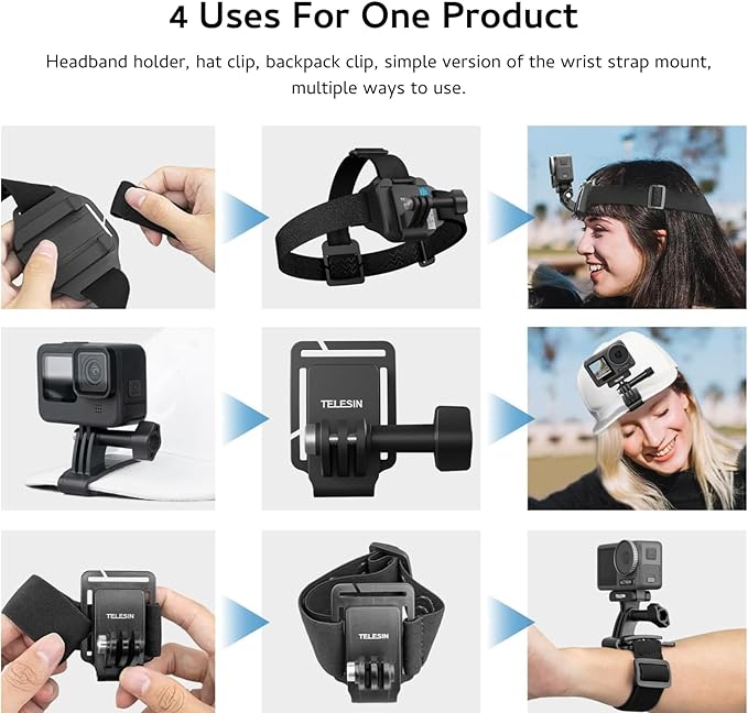 TELESIN Head Strap Mount with Cap Clip, Quick Release Head Belt Mount Compatible with GoPro Max/Hero 13/12/11/10/9/8, Insta360 X5, DJI Osmo Nano Action 5 Pro Action 4 3, AKASO and Most Action Cameras