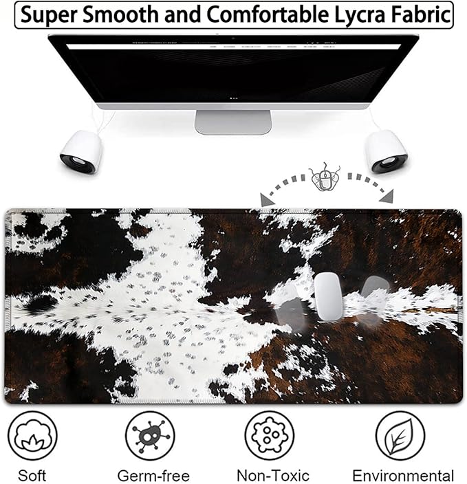 Large Gaming Mouse Pad, 31.5x11.8 in Extended Computer Mouse Mat with Non-Slip PU Base, Ergonomic Memory Foam Keyboard Wrist Rest, for Work & Gaming, Black and White Cow Fur Office Desk Pad
