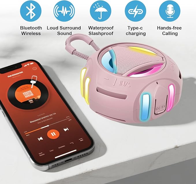 Portable Bluetooth Speaker, IPX7 Waterproof Wireless Outdoor Speakers, Mini Shower Speaker, Floating, Built-in Mic, 24H Playtime with LED Lights,Loud HD Sound, Powerful Bass, Gifts for Unisex - Pink