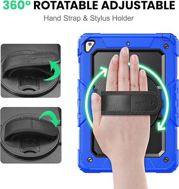 SEYMAC Case for iPad 6th/5th Generation 9.7 Inch, Full-Body Shockproof Heavy Duty Protective Case with Screen Protector, Rotating Stand/Hand/Shoulder Strap for iPad Air 2/ Pro 9.7, Blue