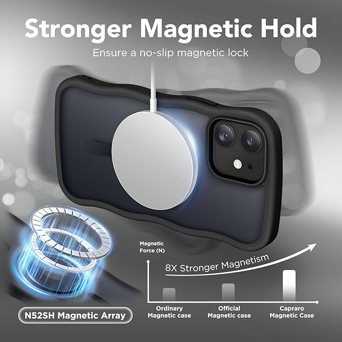 CAPRARO Cute for iPhone 12 Case & iPhone 12 Pro Case, Compatible with MagSafe, [Curly Wave Edge] [Camera Protection] [14 FT Drop Protection] Magnetic for iPhone 12/12 Pro, Black