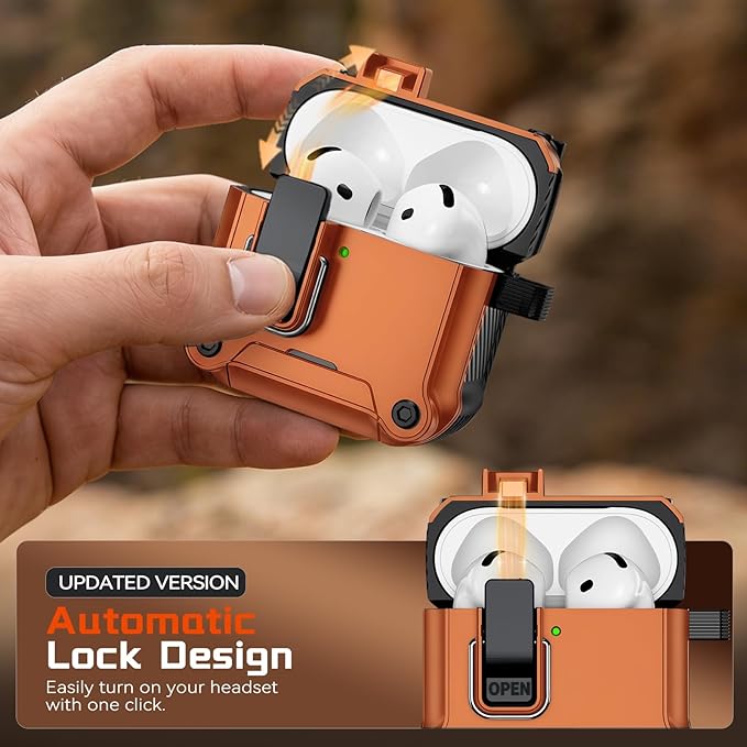 Inesore Compatible with AirPods 4 Generation Case,Secure Lock & Phone Stand Design,Compatible with MagSafe,Automatic Snap Switch Secure Cover for New AirPods 4th (2024)-Orange