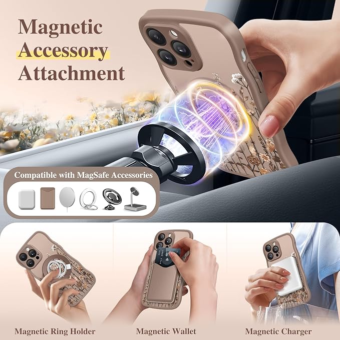 GVIEWIN for iPhone 14 Pro Max Case Compatible with MagSafe [Curly Wave Edge][Full Camera Protection] Floral Translucent Shockproof Magnetic Women Phone Case for 14 Pro Max, Floratopia/Brown
