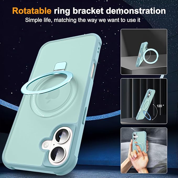 SKYLMW Compatible with iPhone 16 Plus Case with Invisible Magnetic O-Ring Stand Military-Grade Translucent Case for iPhone 16 Plus 6.7" [Compatible with Mag-Safe][Great Grip Feeling], Blue