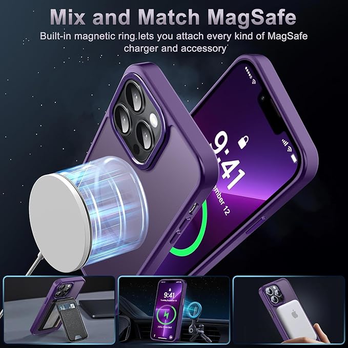 Newfuture Designed for iPhone 13 Pro Max Case with Magnetic [13 FT Military Drop Protection] [Compatible with Magsafe] Slim Translucent Matte Shockproof with Anti-Fingerprint Phone Case, Deep Purple