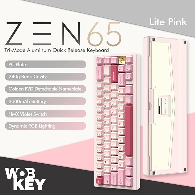 KEEBMONKEY WOBKEY Zen 65 65% Quick Release Wireless Mechanical Keyboard with RGB, CNC Aluminum Case, Hot-Swappable, VIA Support, BT/2.4G/USB-C Gaming Keyboard for Mac/Windows (Lite Pink)