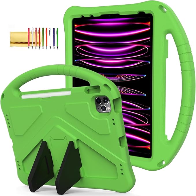 Kids Case for iPad Pro 11" 2022/2021/2020/2018, iPad Air 5th/4th Generation With Pencil Holder, Lightweight Shockproof EVA Foam Handle Stand Anti-Slip Grip Rugged, Green