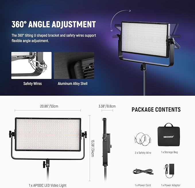 NEEWER 105W RGB LED Panel Video Light Kit with Barn Doors, 1200 LEDs 31500Lux/0.5m 2500K-10000K CRI96+/TLCI97+ Dimmable, APP/2.4G/Panel/DMX Control, Studio Photography Video Recording Lighting, AP100C