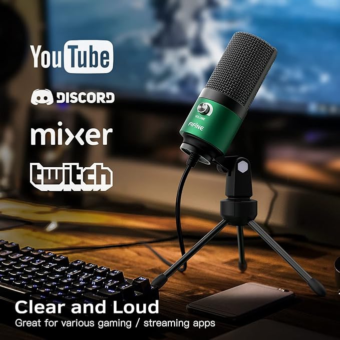 FIFINE USB Gaming Microphone for PC Desktop, PS4 and Mac, Gain Control, External Condenser Computer Mic for Streaming, Podcasting, Twitch, Discord, Green - K669G