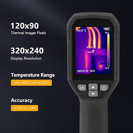 Thermal Imaging Camera, 120 x 90 IR Resolution 25Hz Refresh Rate, Handheld Infrared Thermal Imager 10800 Pixels, IP54, -4°F~752°F Temperature Range