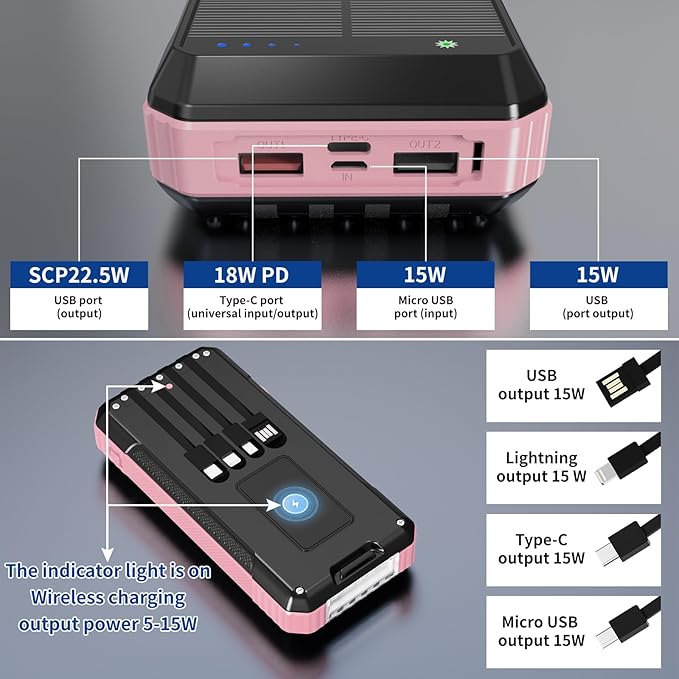 Solar Power Bank 49800mAh, Portable Charger with Built-in 4 Cables, 22.5W Fast Charging Solar Panel Charger for Traveling, Camping and Emergency(Pink)