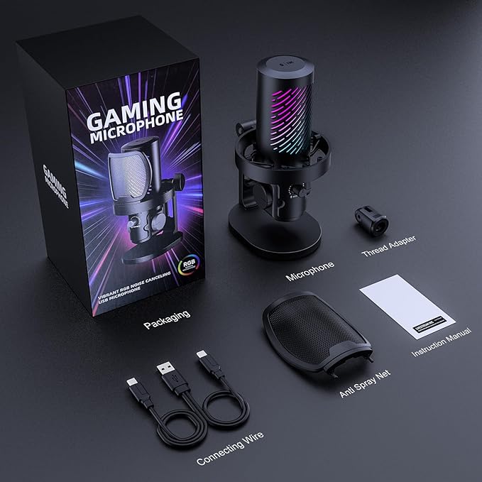 CG1 RGB Condenser Microphone Plug & Play, Noise Cancellation, Mute,Computer/Mic Monitoring Balance Adjustment, Headphone Jack, Desktop Stand for Gaming, Streaming, Podcasting, PC/Type-C Phones