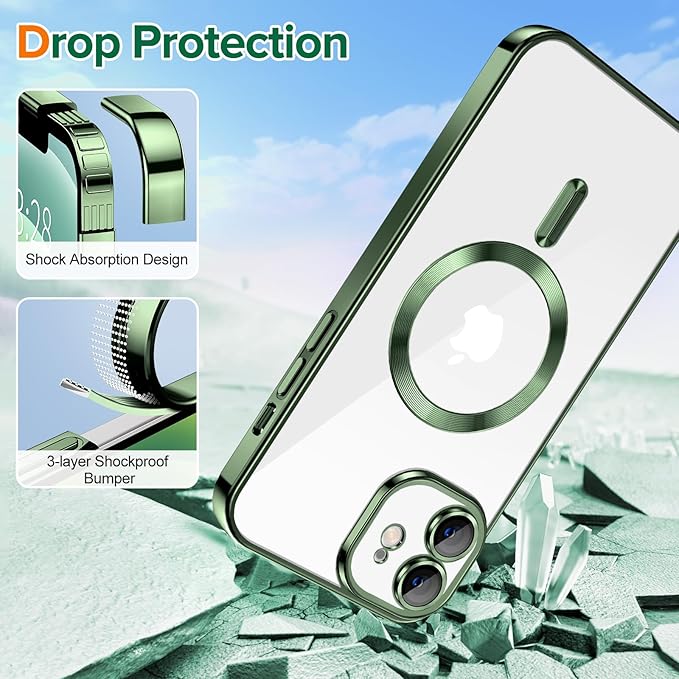 Hython Magnetic Clear for iPhone 12 Case with Camera Lens Protector [Compatible with MagSafe] Luxury Plating Edge Slim Soft TPU Cover Protective Phone Case for iPhone 12 6.1", Deep Green
