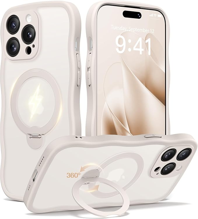 CAPRARO for iPhone 14 Pro Case with 360° Spin Magnetic Stand for Women, [Compatible with MagSafe] [Full Camera Protection] Cute Wave Translucent Matte Case for iPhone 14 Pro,Stone