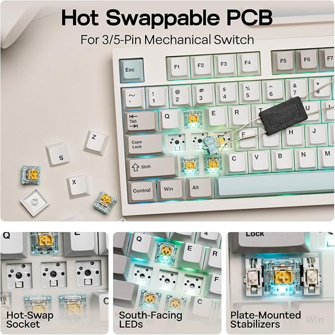 EPOMAKER QK108 Full Size Mechanical Keyboard with Screen & Knob, 8000mAh, QMK/VIA, Creamy&Thocky, Gasket, RGB Backlit, Mac Keycap, Wireless Gaming Keyboard (White Cyan, Sea Salt Silent)